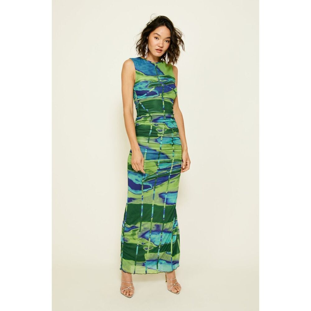 Line & Dot Joni Maxi Dress Green & navy marble print Wedding Guest Dress size S